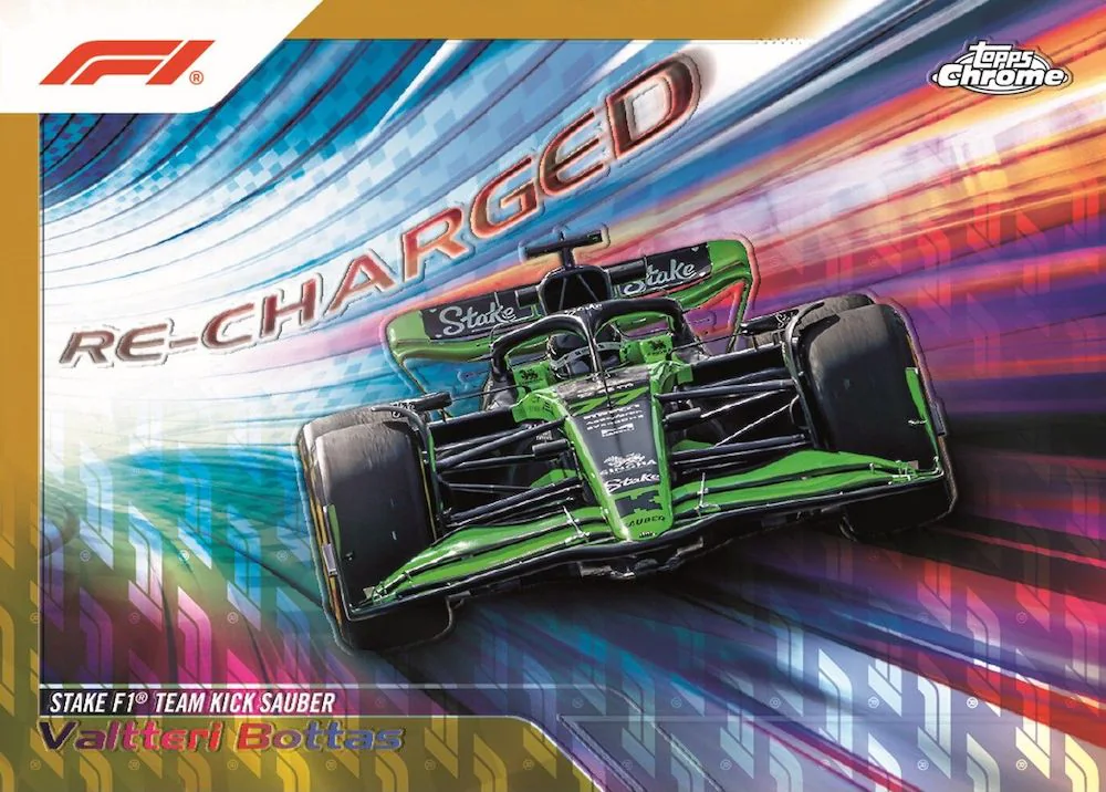 Carte insert Re-charged parallèle dorée de Valtteri Bottas, Topps Chrome F1 Logofractor 2024
