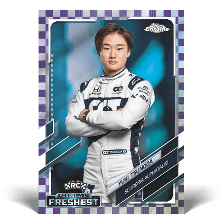 Carte de base parallèle Purple Checkered Flag d’Yuki Tsunoda, Topps Chrome F1 2021