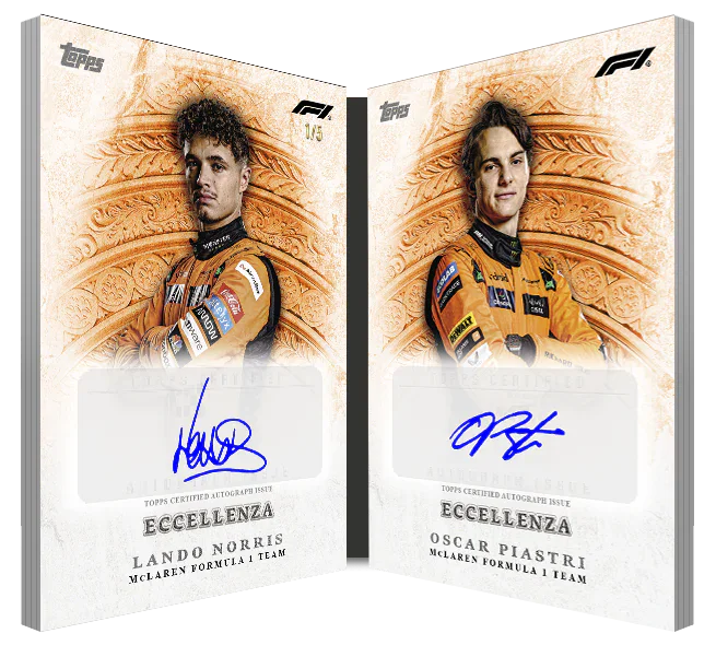 Carte autographe Dual Autograph Books parallèle orange de McLaren, Topps Eccellenza F1 2024