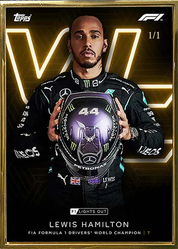 Carte FIA Formula 1 Drivers’ World Champion parallèle Gold Framed de Lewis Hamilton, Topps Lights Out F1 2021