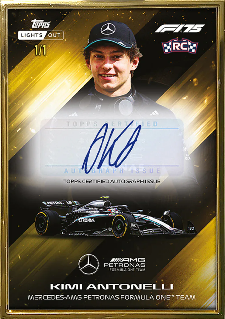 Carte autographe Bright Future parallèle Gold Framed de Kimi Antonelli, Topps Lights Out F1 2025