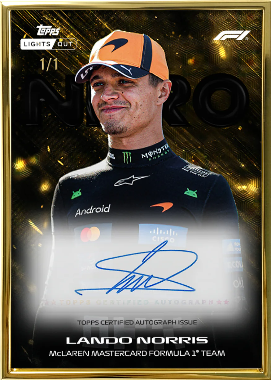 Carte autographe Nero parallèle Gold Framed de Lando Norris, Topps Lights Out F1 2026