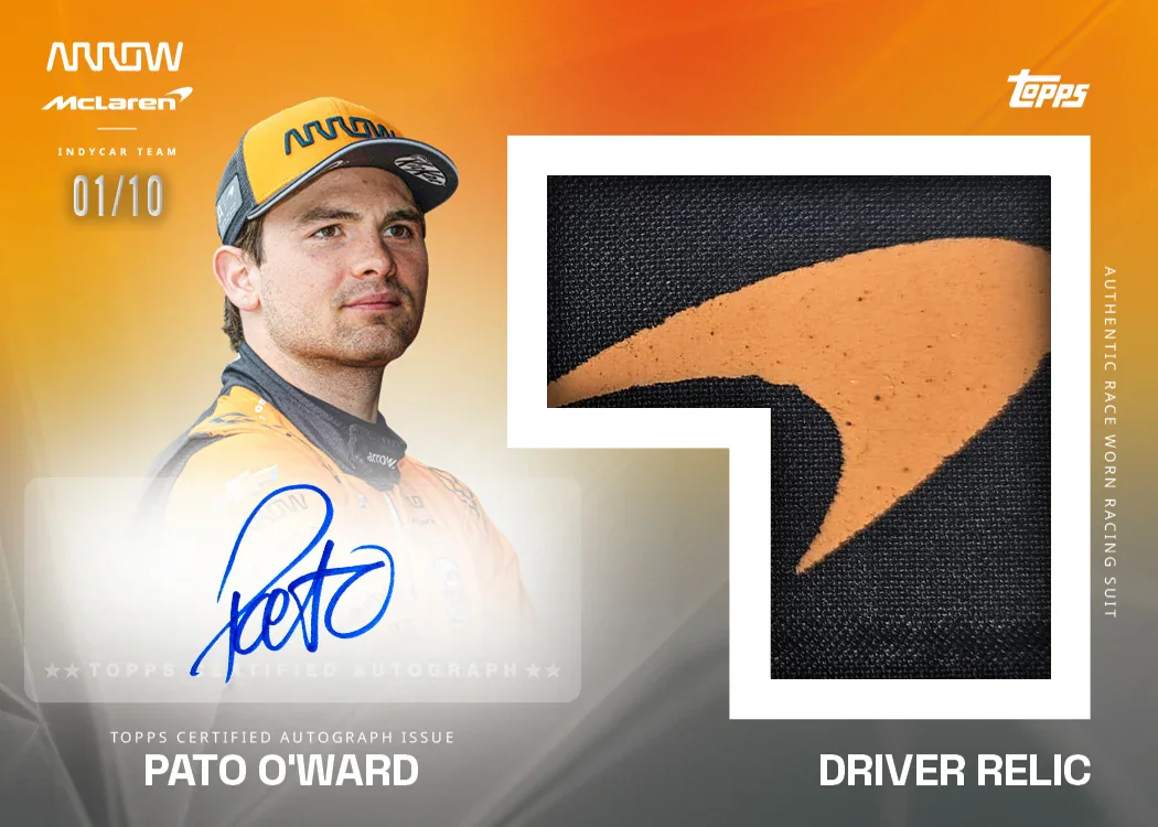 Carte autographe et relique Race Worn parallèle noire de Pato O’Ward, Topps McLaren Racing 2025