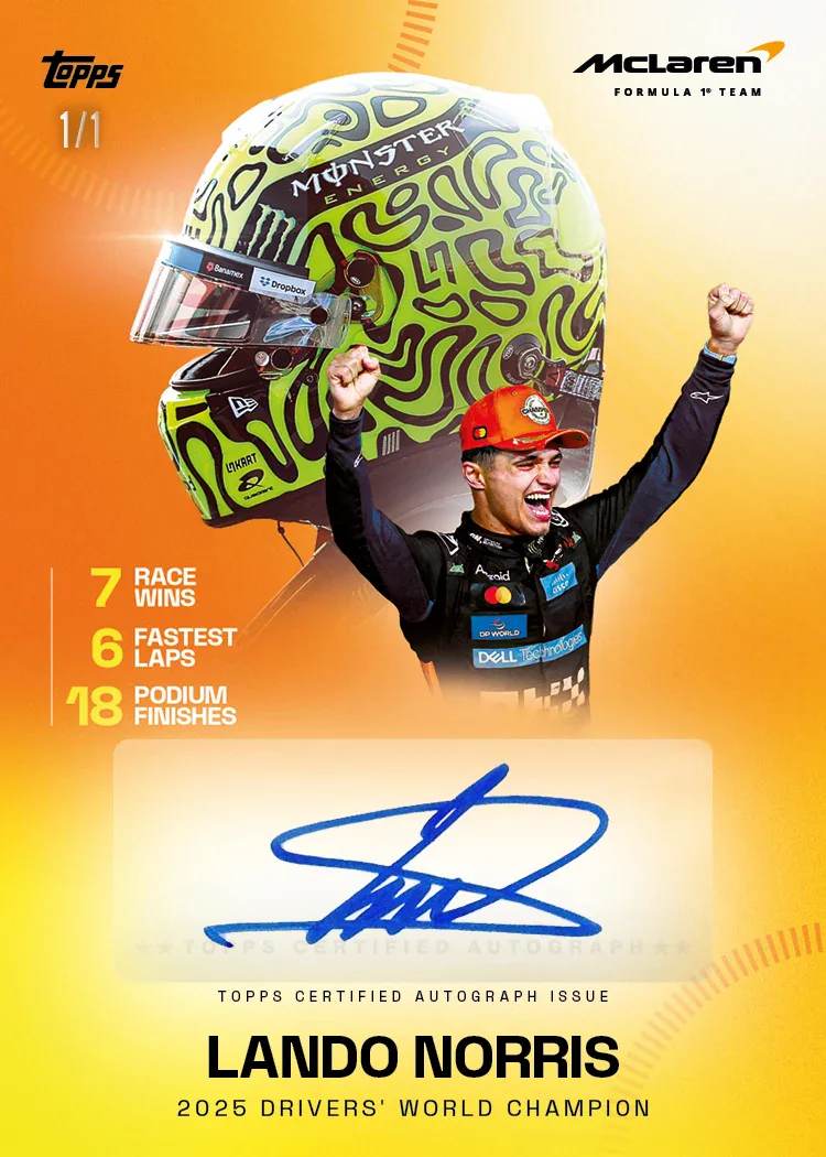 Carte autographe 2025 Drivers’ World Champion parallèle dorée de Lando Norris, Topps McLaren Racing 2025