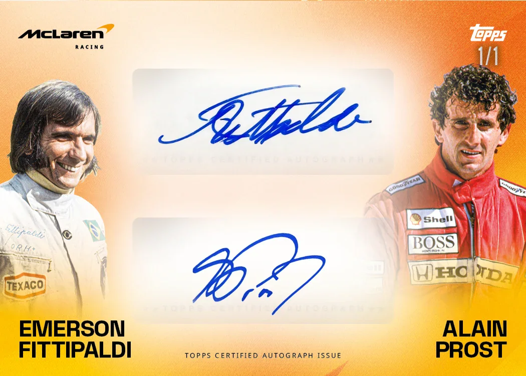 Carte Dual Autograph parallèle dorée d’Emerson Fittipaldi et Alain Prost, Topps McLaren Racing 2025
