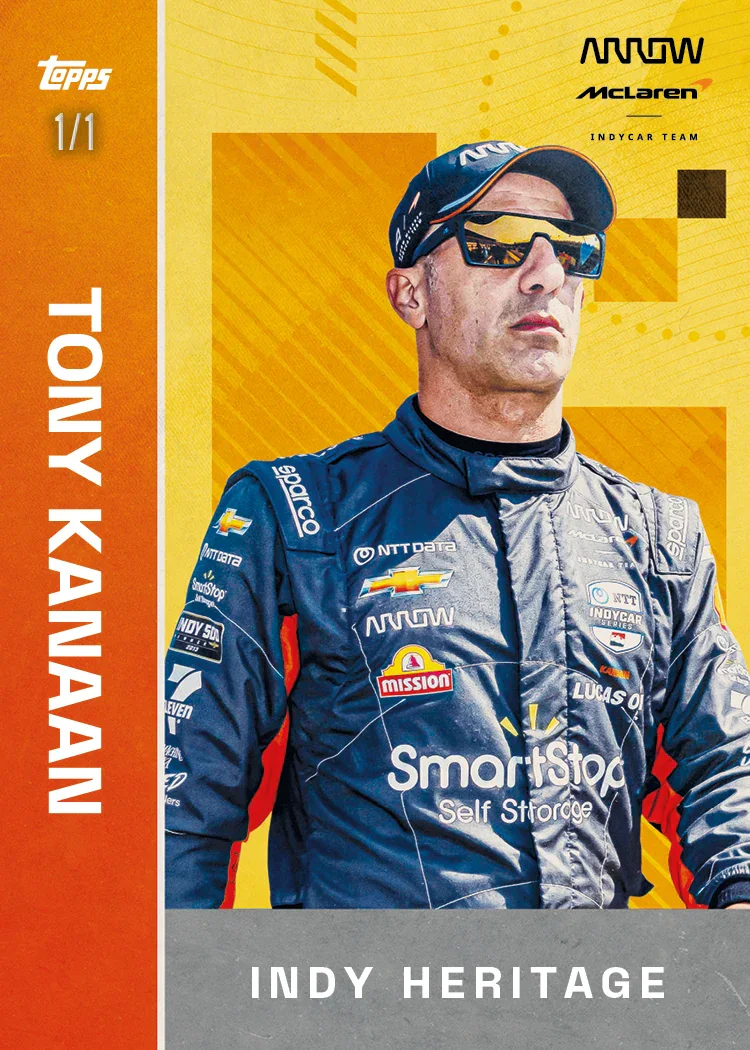 Carte Indy Heritage parallèle dorée de Tony Kanaan, Topps McLaren Racing 2025
