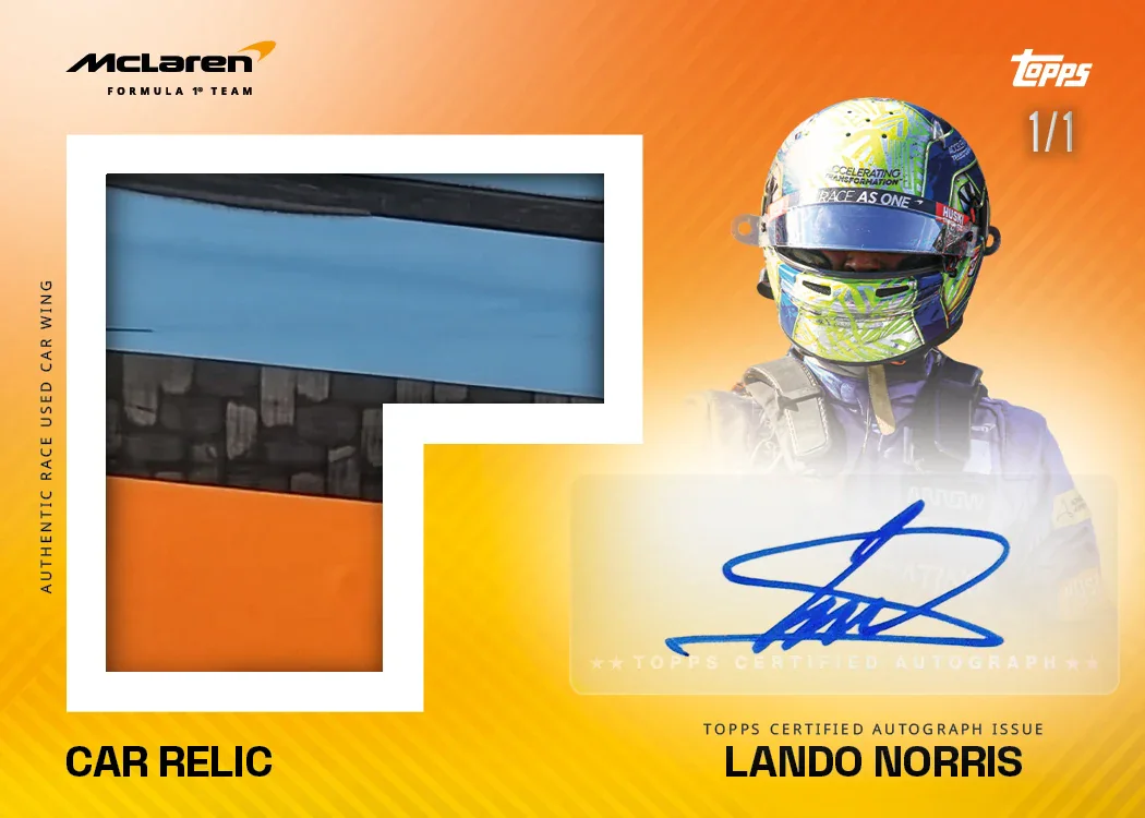 Carte autographe et relique Track Used parallèle dorée de Lando Norris, Topps McLaren Racing 2025