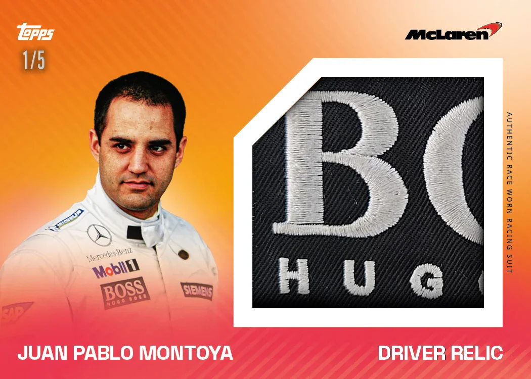 Carte relique Race Worn parallèle rouge de Juan Pablo Montoya, Topps McLaren Racing 2025