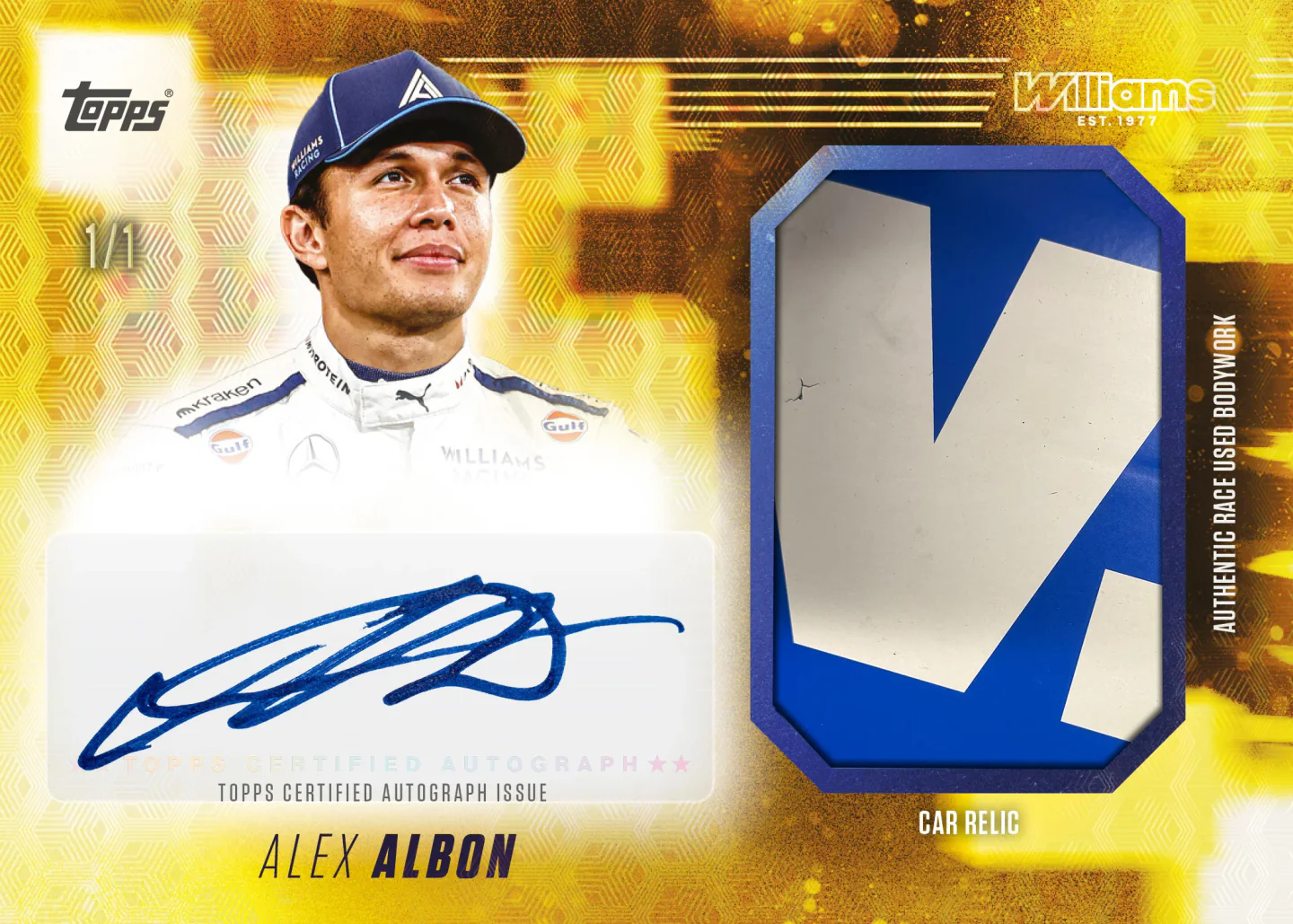 Carte autographe et relique de carrosserie au fond doré d’Alex Albon, Topps Williams 2026 Collection