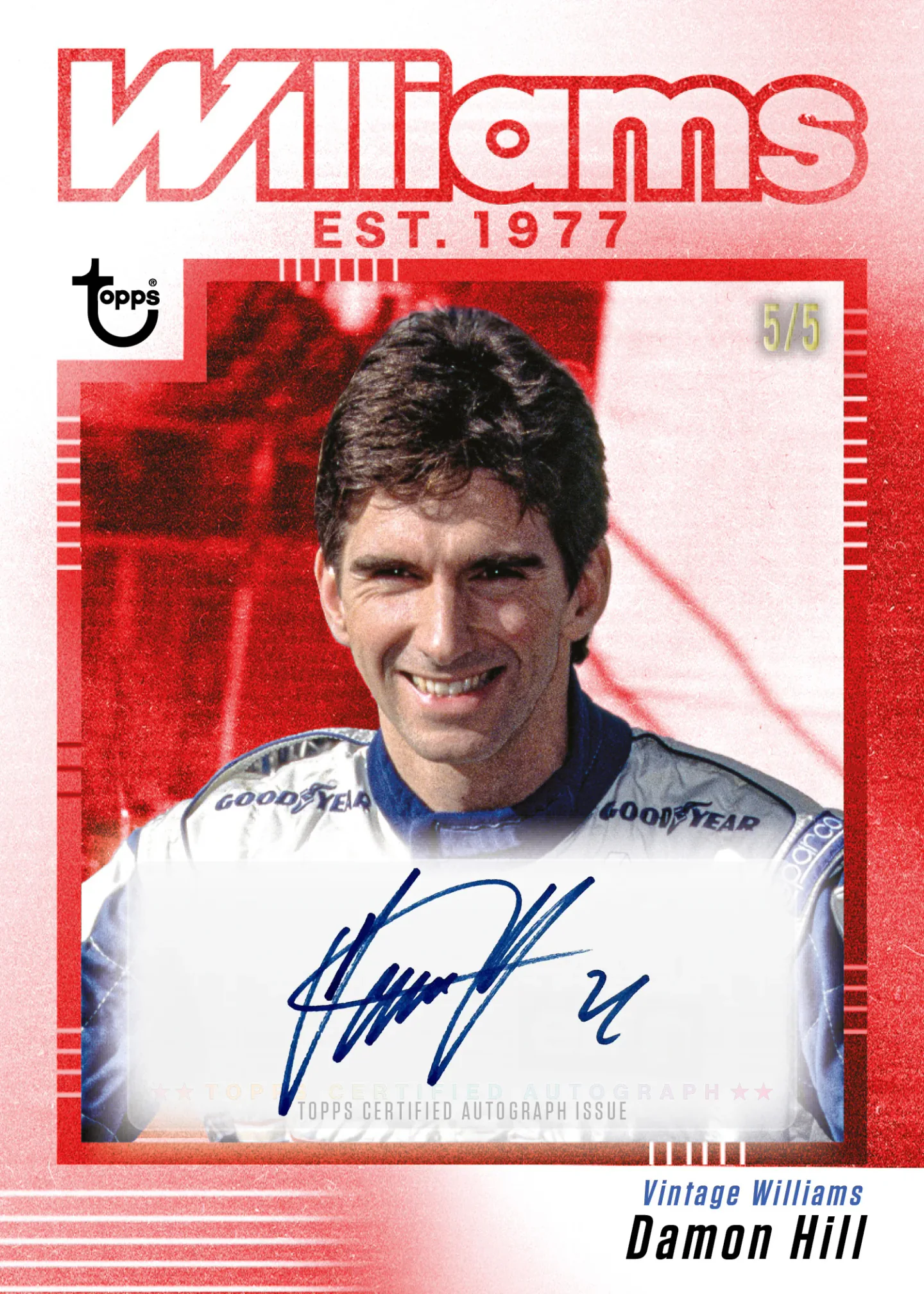 Carte autographe Vintage Williams au fond rouge de Damon Hill, Topps Williams 2026 Collection